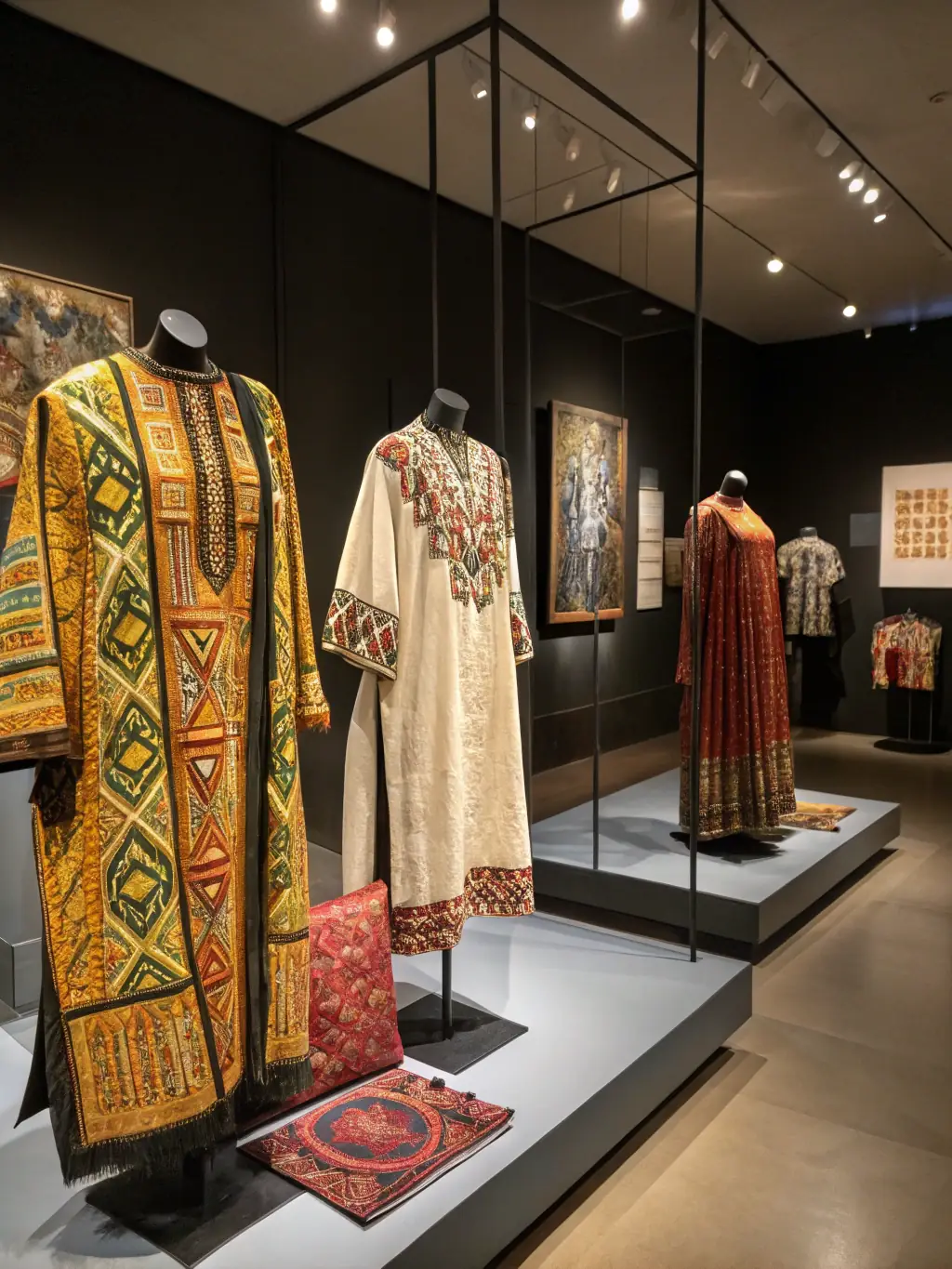 A vibrant display of historical and contemporary embroidery works at a La Grande Brodee cultural exhibition, highlighting the artistic diversity and cultural significance of textile arts. Visitors are seen admiring the intricate details.
