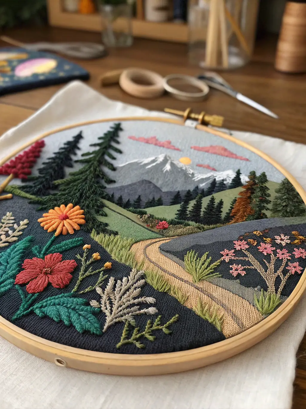 A close-up shot of hands meticulously working on a piece of antique embroidery during an embroidery conservation workshop, showcasing the delicate techniques involved. The setting is a well-lit studio with various tools and materials scattered around.