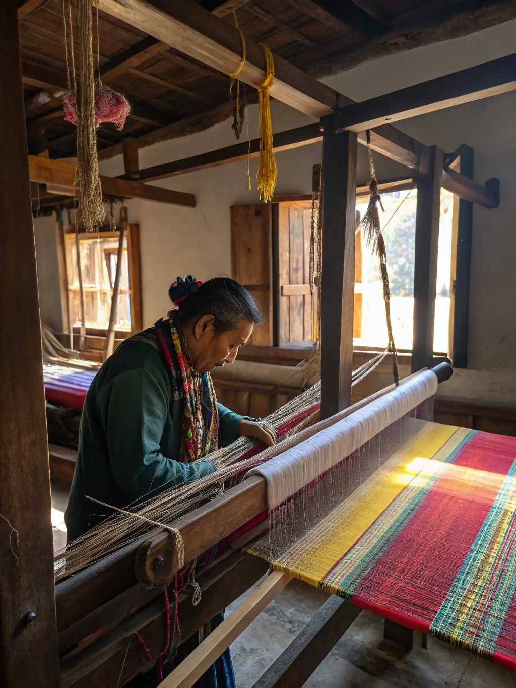 An artisan working on a detailed embroidery piece in a dedicated studio space, highlighting the artisanal creation process.