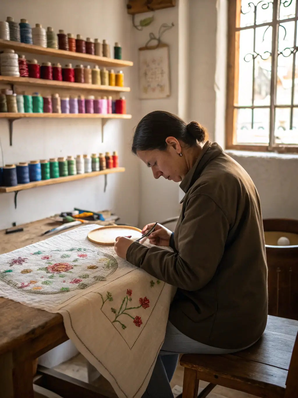 A photograph of a local artisan working on a detailed embroidery piece in a dedicated studio space, supported by LA GRANDE BRODEE's artisanal creation program.