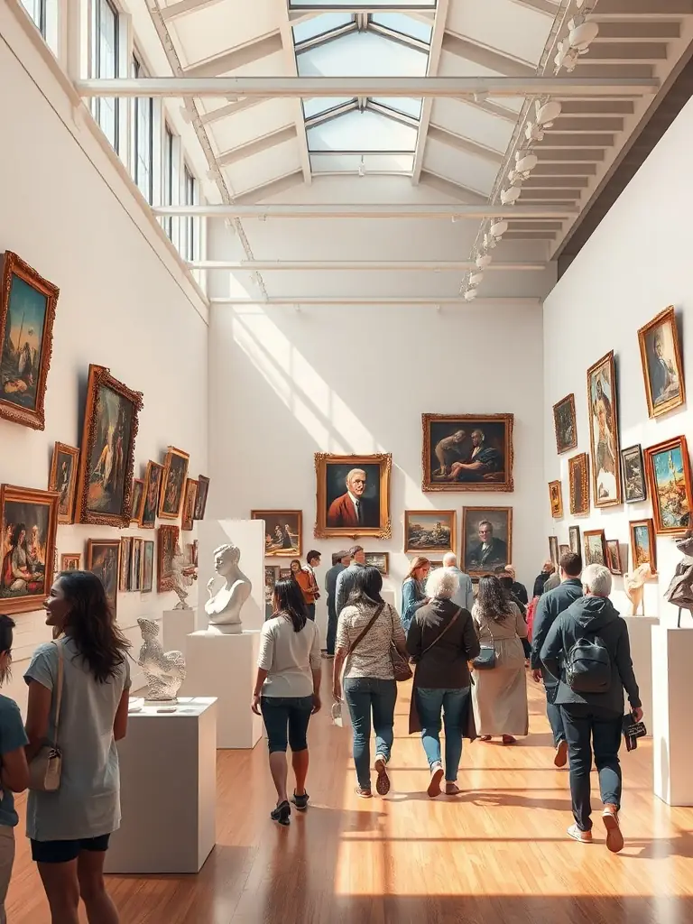 A vibrant exhibition space displaying intricate embroidery pieces with visitors engaging with the artworks, showcasing cultural significance.