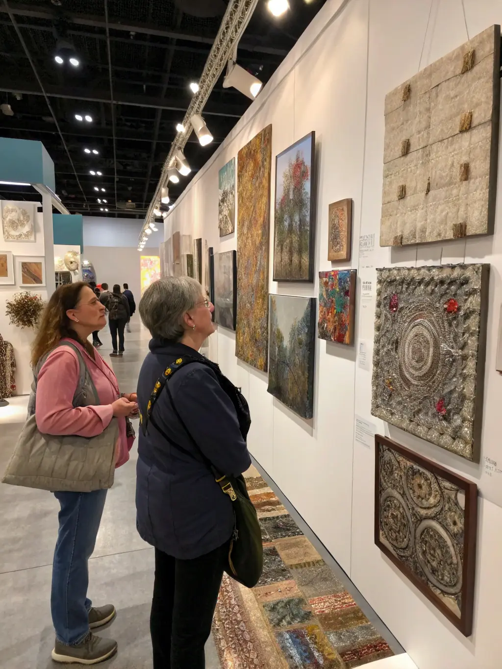 A photograph capturing the vibrant atmosphere of a cultural exhibition organized by LA GRANDE BRODEE, showcasing intricate embroidery pieces and attracting a diverse audience.