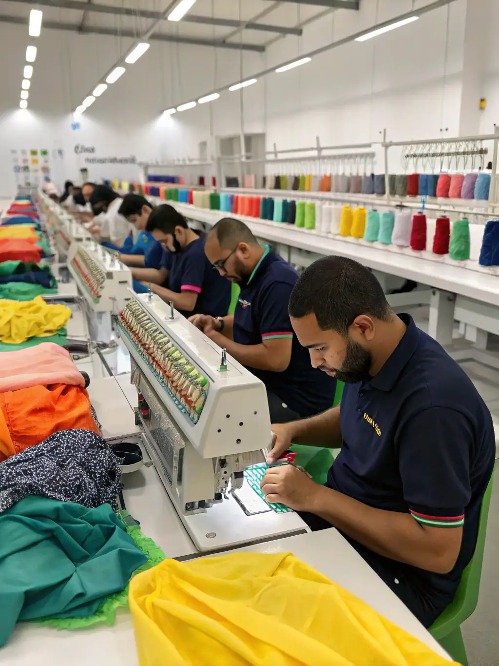 A skilled artisan demonstrating embroidery techniques to a group of learners in a well-lit workshop space, focusing on traditional methods.