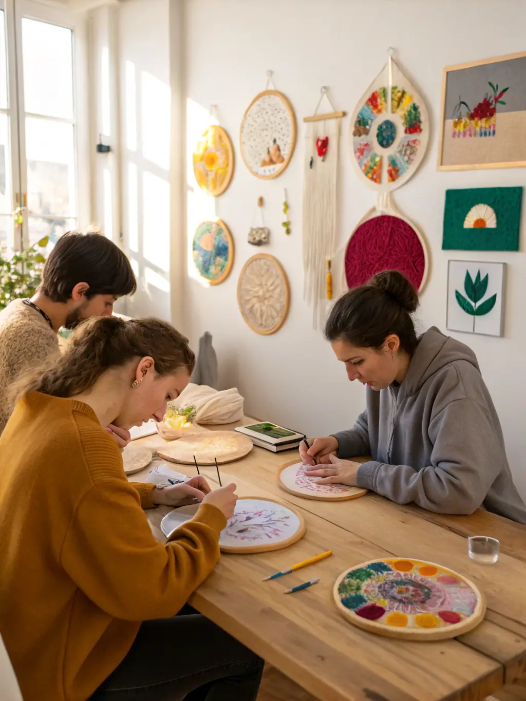 A group of diverse individuals participating in a community embroidery project, symbolizing La Grande Brodee's commitment to promoting access to culture and fostering community engagement. The atmosphere is collaborative and inclusive.