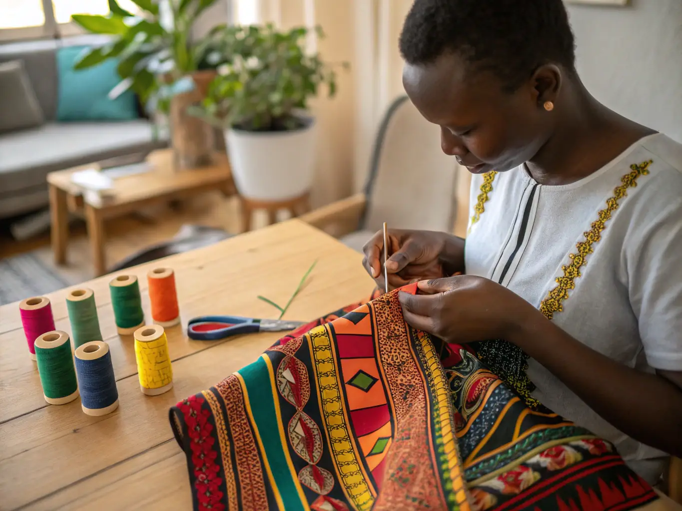 An artisan working on a detailed embroidery piece in a dedicated studio space, representing the Artisanal Creation Support provided by LA GRANDE BRODEE.