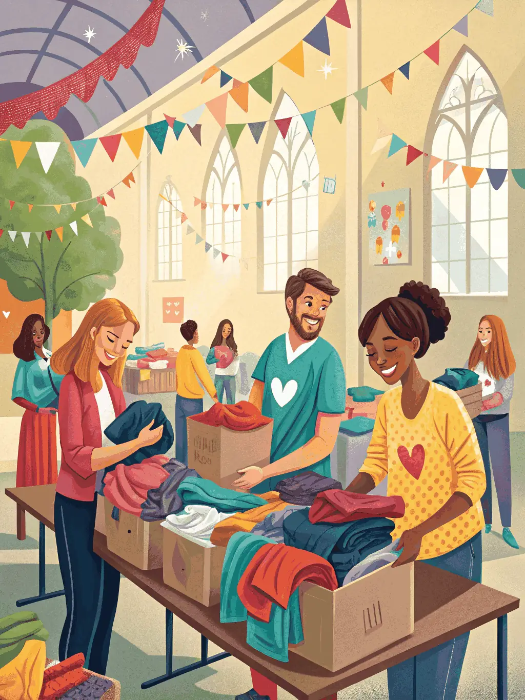 A group of volunteers assisting in organizing materials for an upcoming embroidery workshop, emphasizing community involvement.