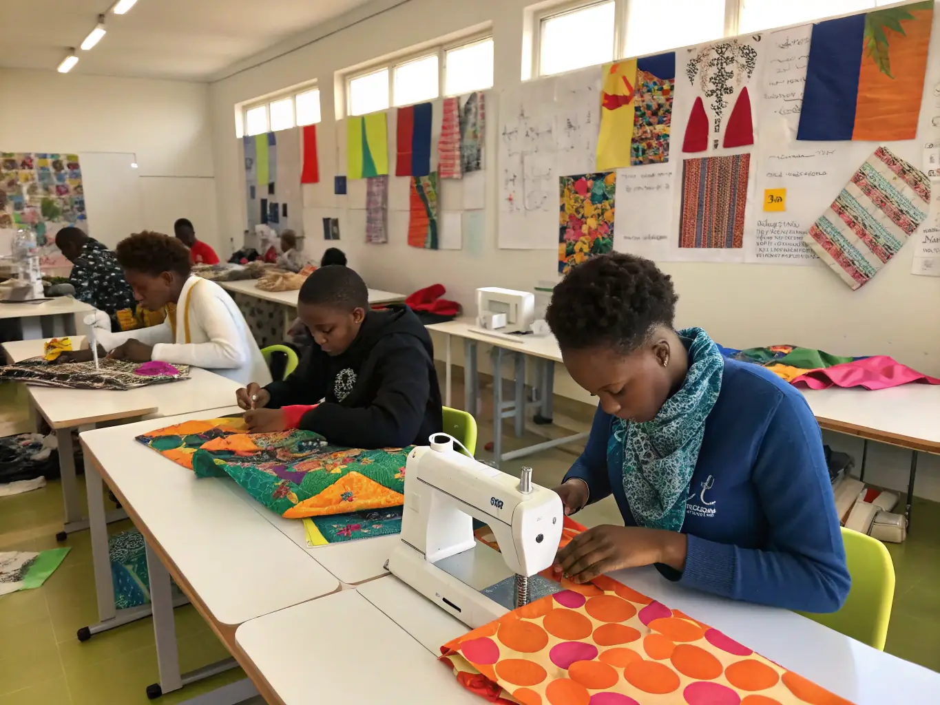 A skilled artisan demonstrating embroidery techniques to a group of learners in a well-lit workshop space, showcasing the hands-on training provided in the Embroidery Conservation Workshops.
